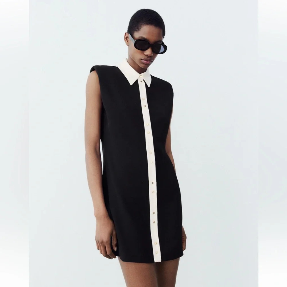 ZARA SHOULDER PAD BLACK MINI DRESS NWT - Picture 4 of 9